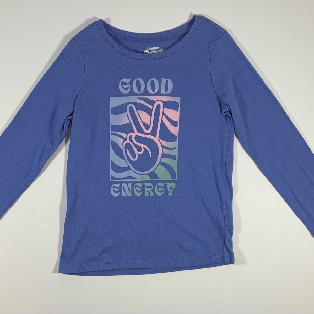 OshKosh Originals Girls Size 7 Long Sleeve Shirt “Good Energy” Blue Peace Sign